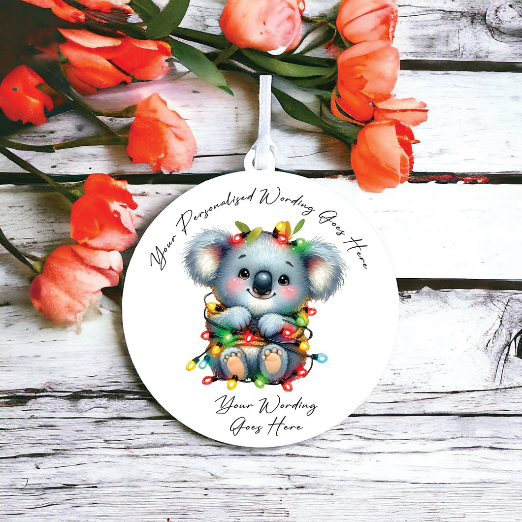 UV938 - Acrylic and UVDTF Personalised Round Hanging - Christmas Animal Tangled Lights - Koala 1 - Olifantjie - Wooden - MDF - Lasercut - Blank - Craft - Kit - Mixed Media - UK
