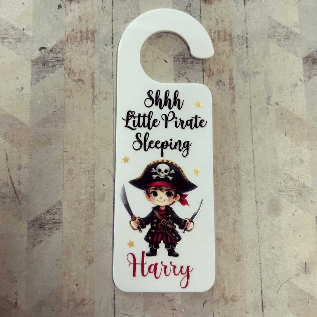 UV240 - UVDTF Door Hanger Personalised decal with optional Acrylic Door Hanger - Shhh Little Pirate Sleeping - Olifantjie - Wooden - MDF - Lasercut - Blank - Craft - Kit - Mixed Media - UK