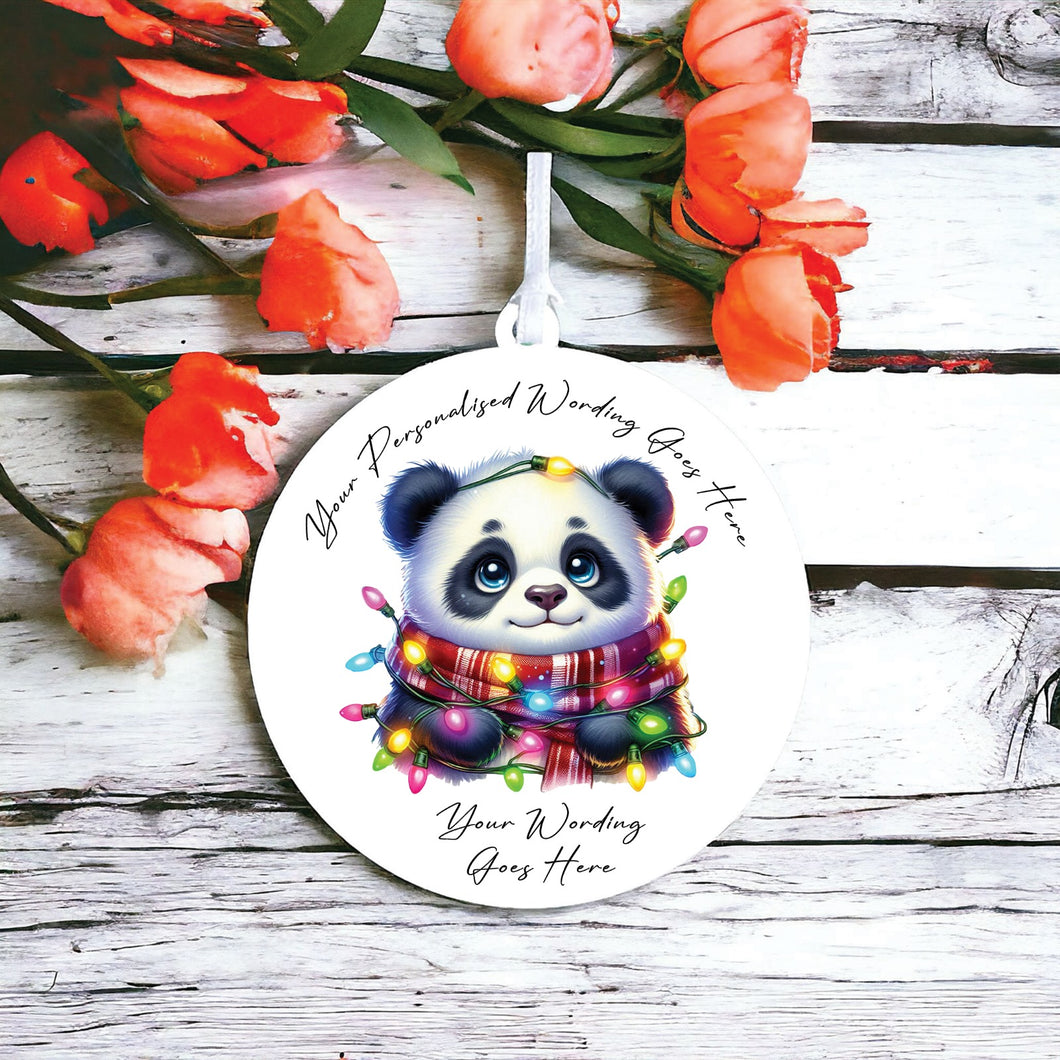 UV946 - Acrylic and UVDTF Personalised Round Hanging - Christmas Animal Tangled Lights - Panda 2 - Olifantjie - Wooden - MDF - Lasercut - Blank - Craft - Kit - Mixed Media - UK