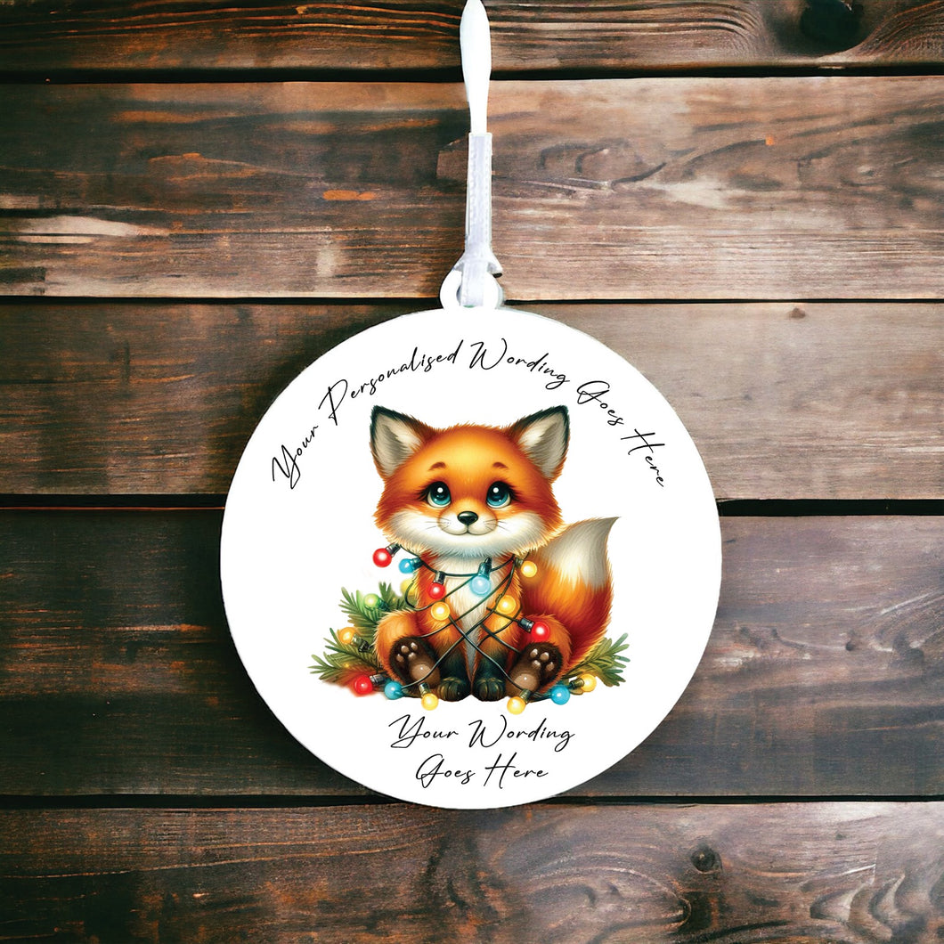 UV908 - Acrylic and UVDTF Personalised Round Hanging - Christmas Animal Tangled Lights - Fox 1 - Olifantjie - Wooden - MDF - Lasercut - Blank - Craft - Kit - Mixed Media - UK