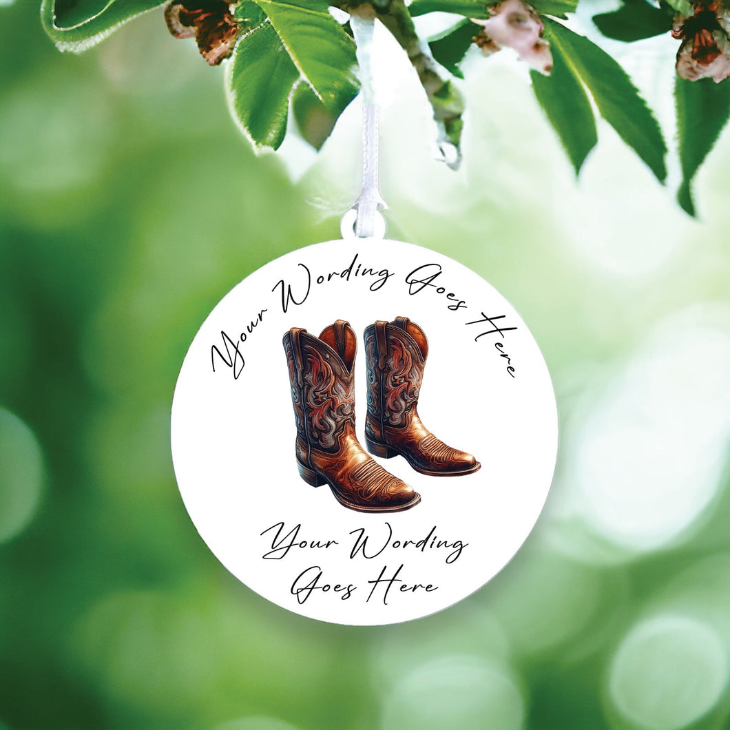 UV841 - Acrylic and UVDTF Personalised Round Hanging - Cowboy Boots 6 - Olifantjie - Wooden - MDF - Lasercut - Blank - Craft - Kit - Mixed Media - UK