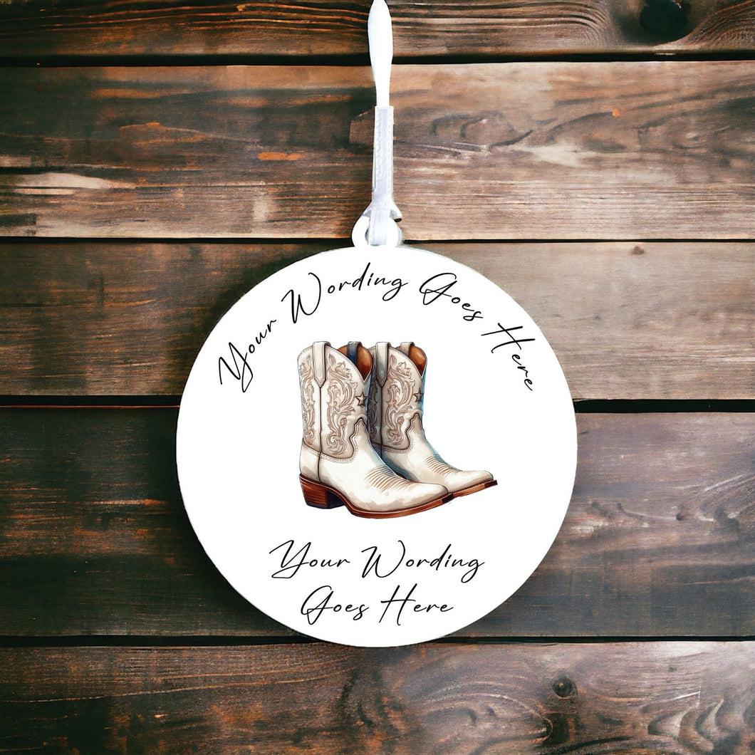 UV840 - Acrylic and UVDTF Personalised Round Hanging - Cowboy Boots 5 - Olifantjie - Wooden - MDF - Lasercut - Blank - Craft - Kit - Mixed Media - UK