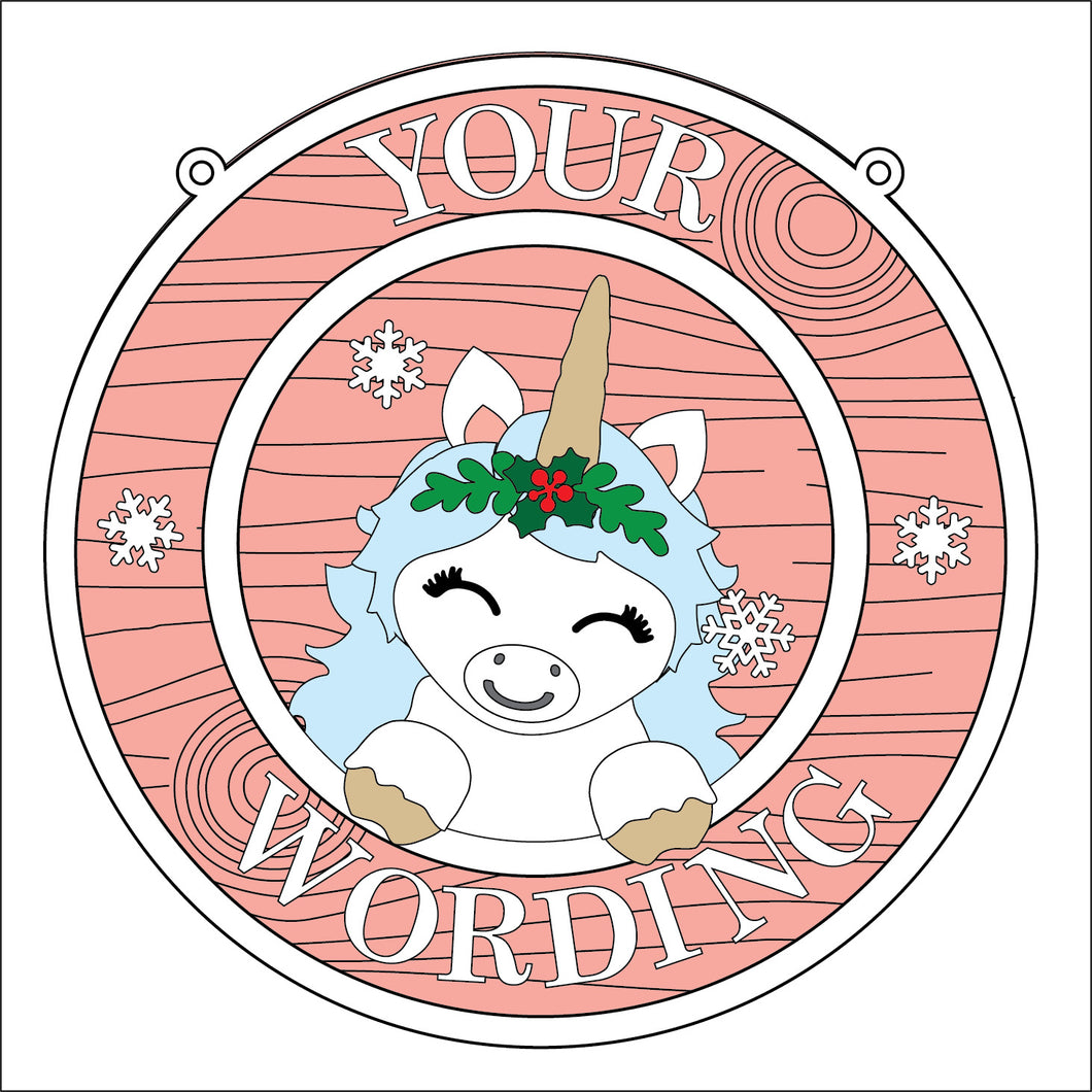 OL5350 - MDF Round Christmas Farmhouse Framed Circle Plaque - Your wording - Unicorn - Olifantjie - Wooden - MDF - Lasercut - Blank - Craft - Kit - Mixed Media - UK