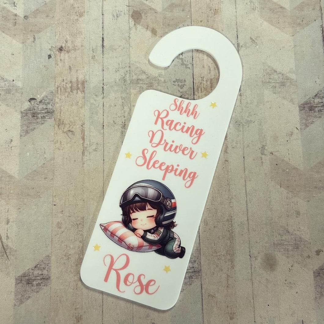 UV231 - UVDTF Door Hanger Personalised decal with optional Acrylic Door Hanger - Shhh Racing Driver Sleeping girl - Olifantjie - Wooden - MDF - Lasercut - Blank - Craft - Kit - Mixed Media - UK
