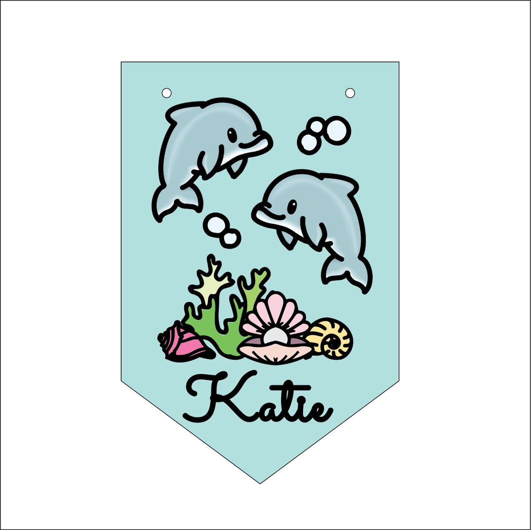 FG045 - MDF Themed Personalised Pennant Flag - MDF Doodle Cute Sea - Dolphins - Olifantjie - Wooden - MDF - Lasercut - Blank - Craft - Kit - Mixed Media - UK