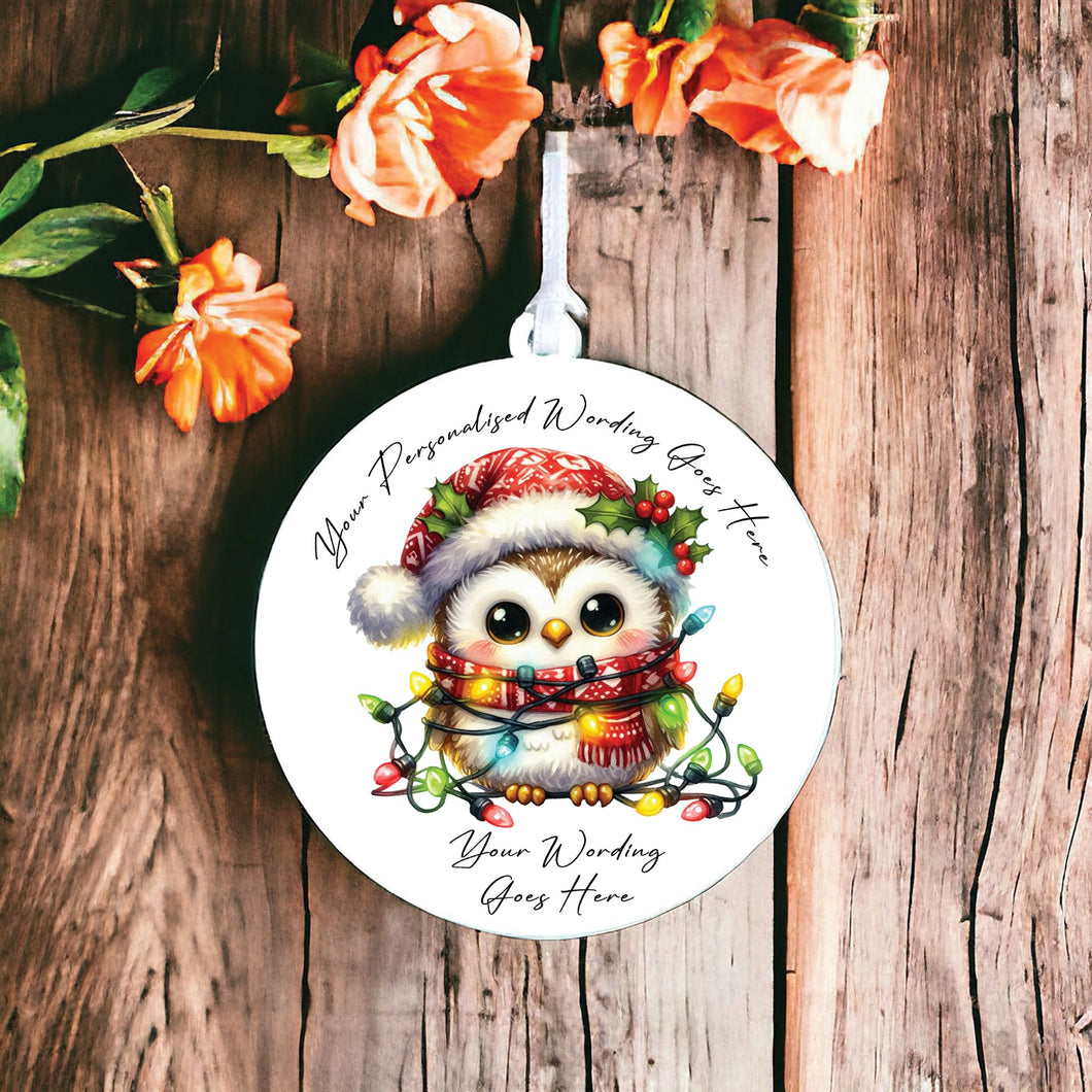 UV942 - Acrylic and UVDTF Personalised Round Hanging - Christmas Animal Tangled Lights - Owl 1 - Olifantjie - Wooden - MDF - Lasercut - Blank - Craft - Kit - Mixed Media - UK