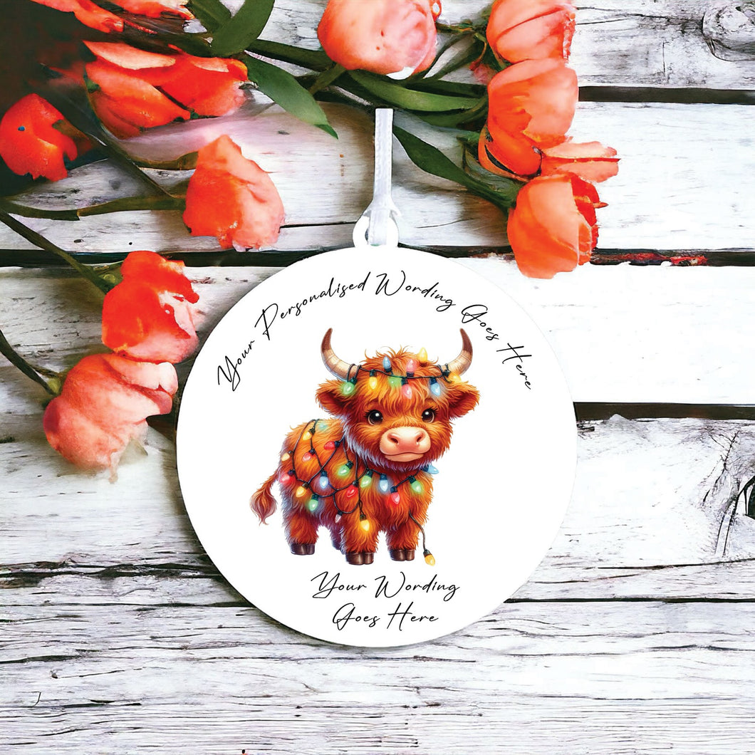 UV931 - Acrylic and UVDTF Personalised Round Hanging - Christmas Animal Tangled Lights - Highland Cow 3 - Olifantjie - Wooden - MDF - Lasercut - Blank - Craft - Kit - Mixed Media - UK