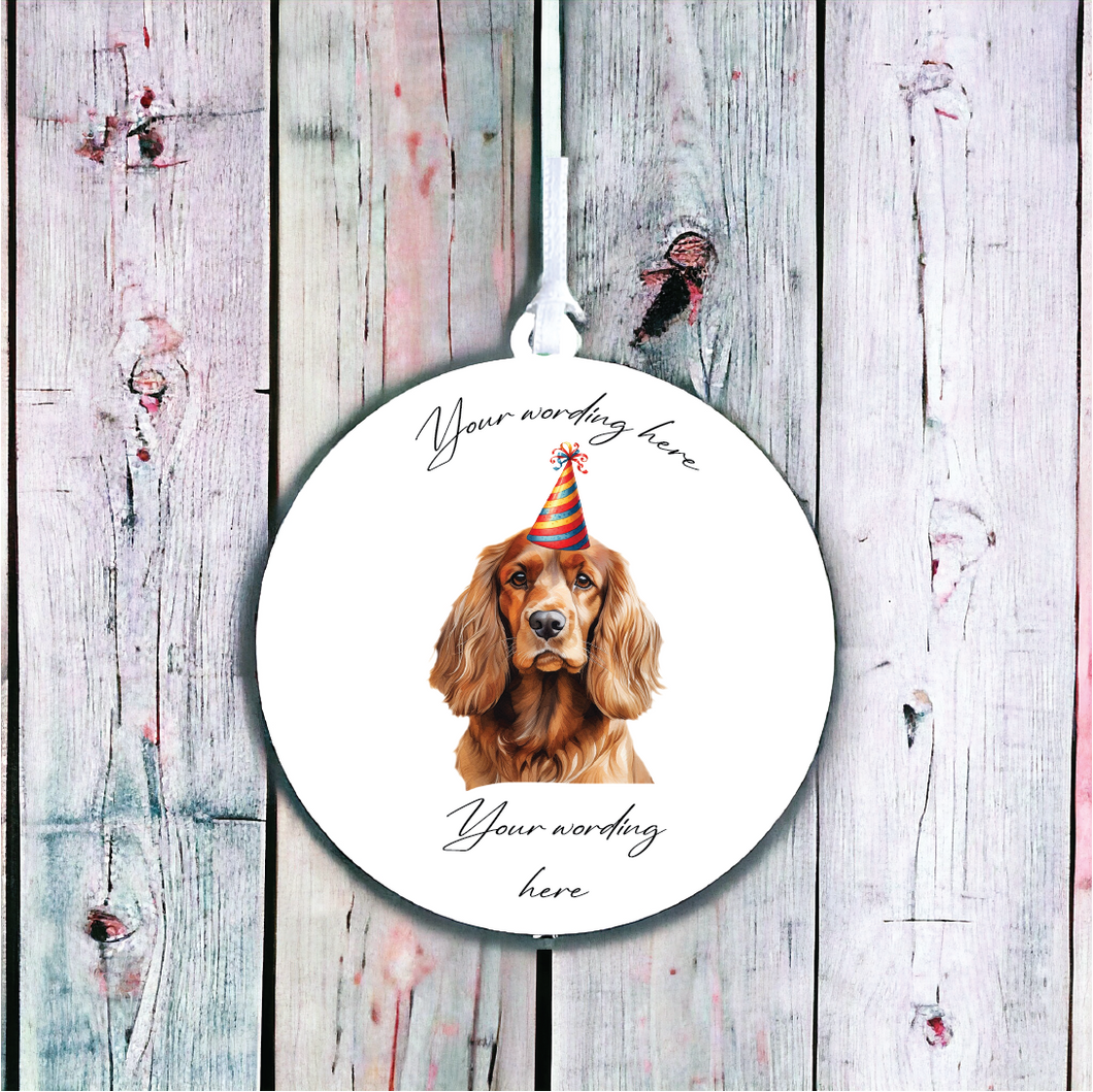 UV705 - Acrylic and UVDTF Personalised Round Hanging - Dog Party Hat - 19 Cocker Spaniel - Olifantjie - Wooden - MDF - Lasercut - Blank - Craft - Kit - Mixed Media - UK