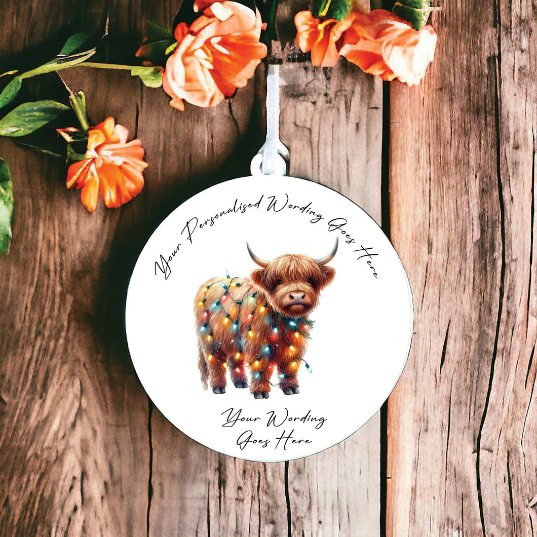 UV926 - Acrylic and UVDTF Personalised Round Hanging - Christmas Animal Tangled Lights - Highland Cow 1 - Olifantjie - Wooden - MDF - Lasercut - Blank - Craft - Kit - Mixed Media - UK