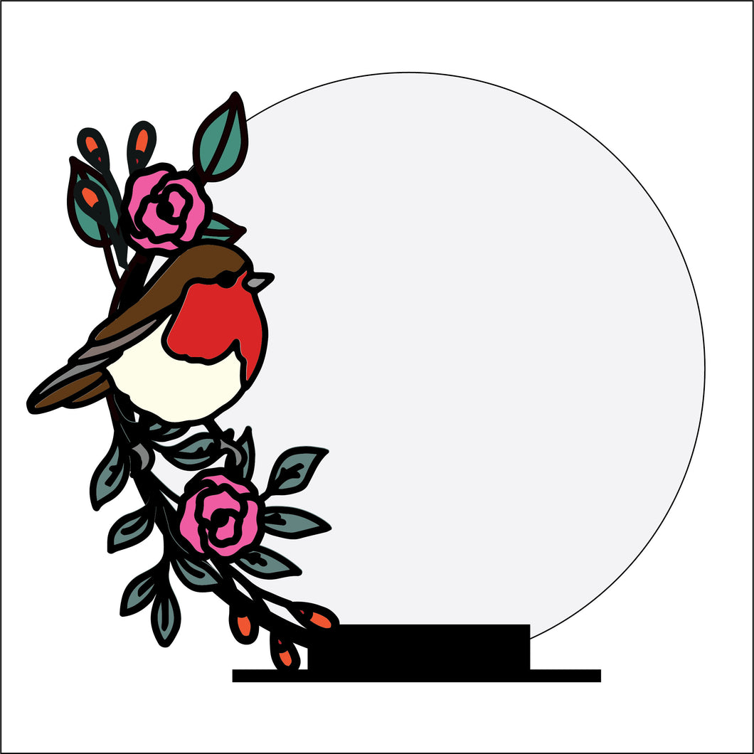 OL4367 - MDF Floral Circle - Freestanding or Hanging/no holes - Acrylic white, or clear or MDF Circle - Flower Robin Doodle - Olifantjie - Wooden - MDF - Lasercut - Blank - Craft - Kit - Mixed Media - UK