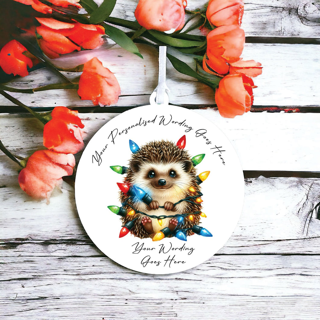 UV934 - Acrylic and UVDTF Personalised Round Hanging - Christmas Animal Tangled Lights - Hedgehog 2 - Olifantjie - Wooden - MDF - Lasercut - Blank - Craft - Kit - Mixed Media - UK