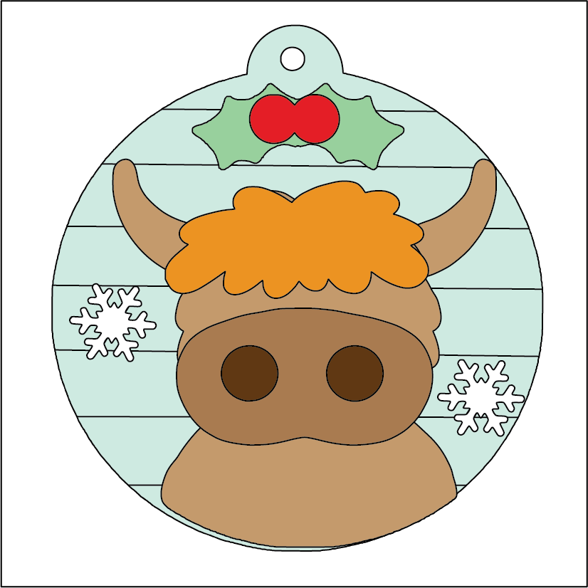 NO452 - MDF 2 Sizes Round Hanging Bauble - Scottish Highland Cow - Olifantjie - Wooden - MDF - Lasercut - Blank - Craft - Kit - Mixed Media - UK