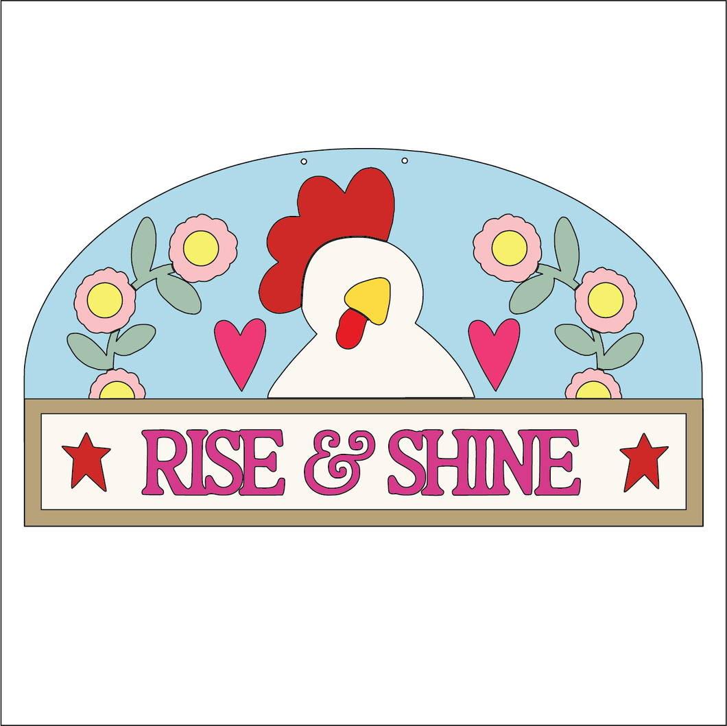 NO756 - MDF Large Rooster Rise and Shine Chicken Hanging Plaque - Olifantjie - Wooden - MDF - Lasercut - Blank - Craft - Kit - Mixed Media - UK