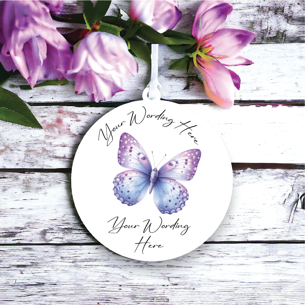 UV775 - Acrylic and UVDTF Personalised Round Hanging - Butterfly - Purple 1 - Olifantjie - Wooden - MDF - Lasercut - Blank - Craft - Kit - Mixed Media - UK