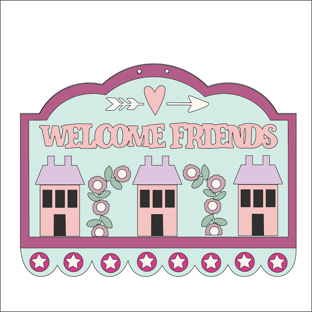 NO745 - MDF Large Welcome Friends Hanging Plaque - Olifantjie - Wooden - MDF - Lasercut - Blank - Craft - Kit - Mixed Media - UK