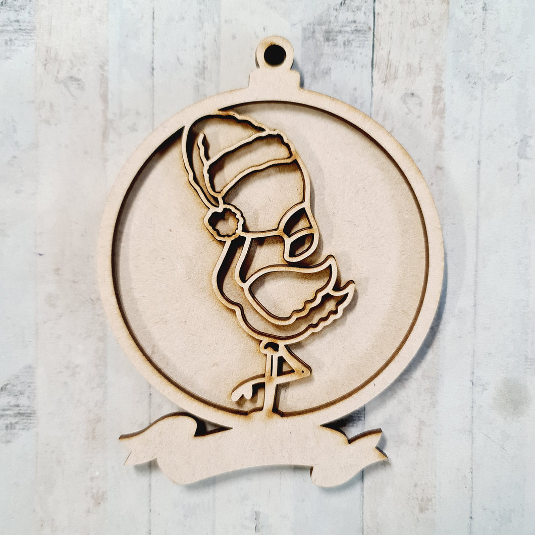OL3733 - MDF Doodle Christmas Hanging - Santa Hat Flamingo - with or without banner - Olifantjie - Wooden - MDF - Lasercut - Blank - Craft - Kit - Mixed Media - UK