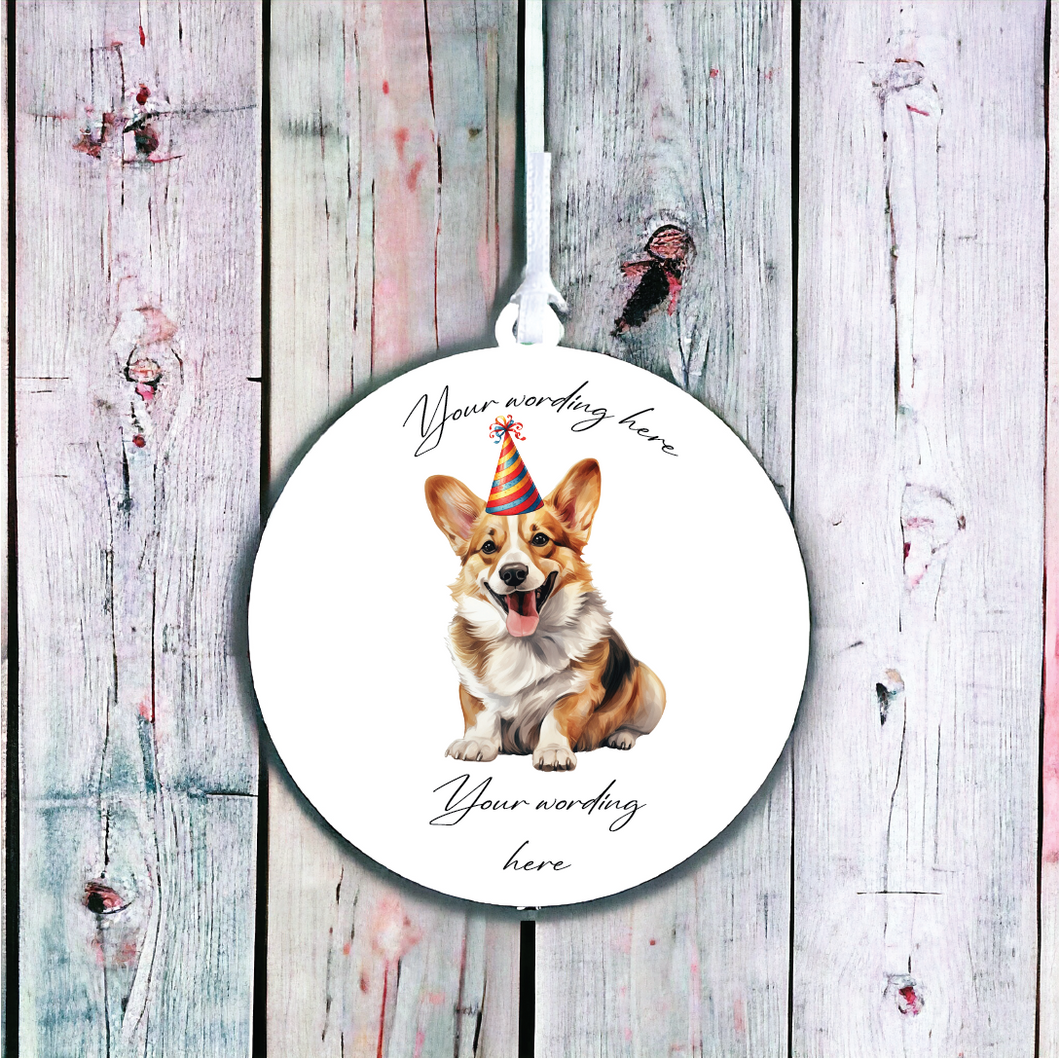UV706 - Acrylic and UVDTF Personalised Round Hanging - Dog Party Hat - 20 Corgi - Olifantjie - Wooden - MDF - Lasercut - Blank - Craft - Kit - Mixed Media - UK