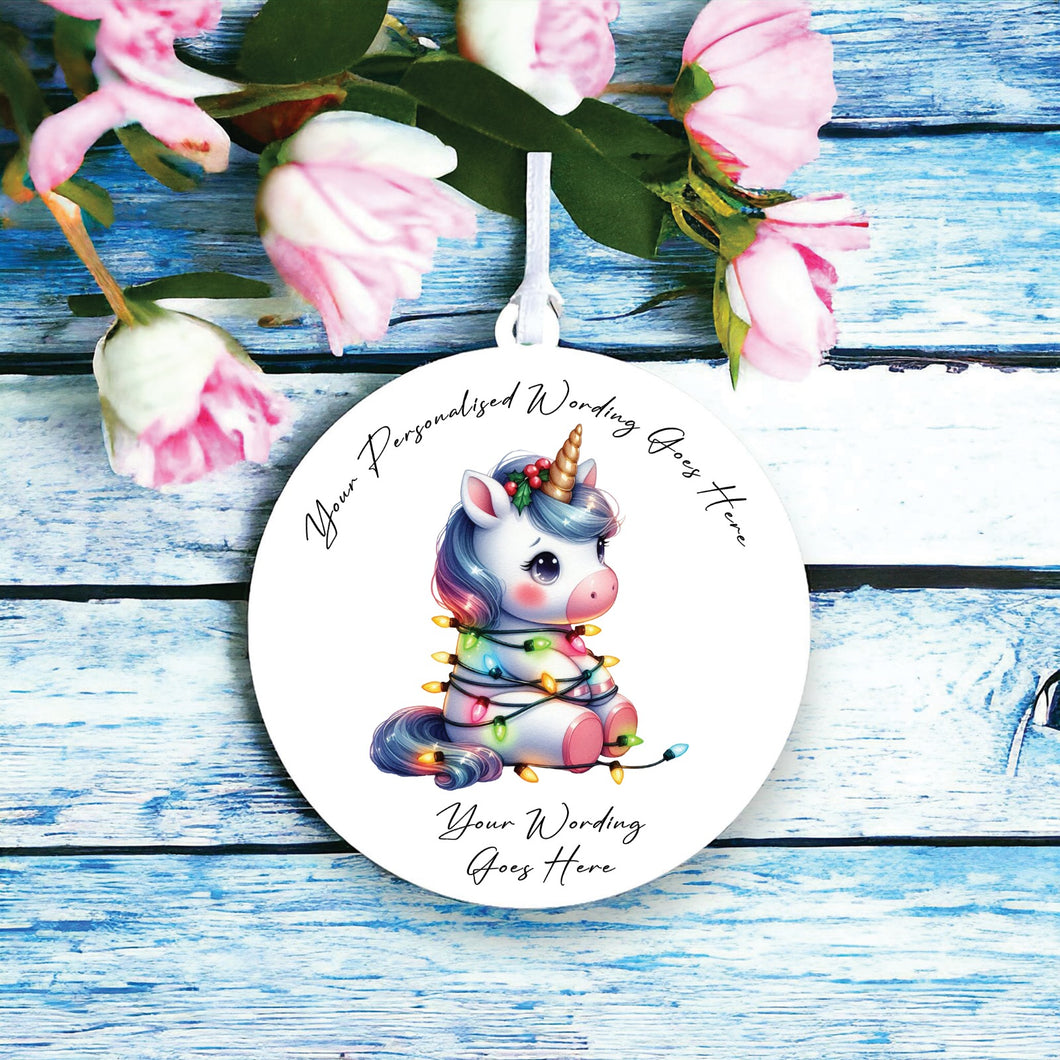 UV972 - Acrylic and UVDTF Personalised Round Hanging - Christmas Animal Tangled Lights - Unicorn 1 - Olifantjie - Wooden - MDF - Lasercut - Blank - Craft - Kit - Mixed Media - UK