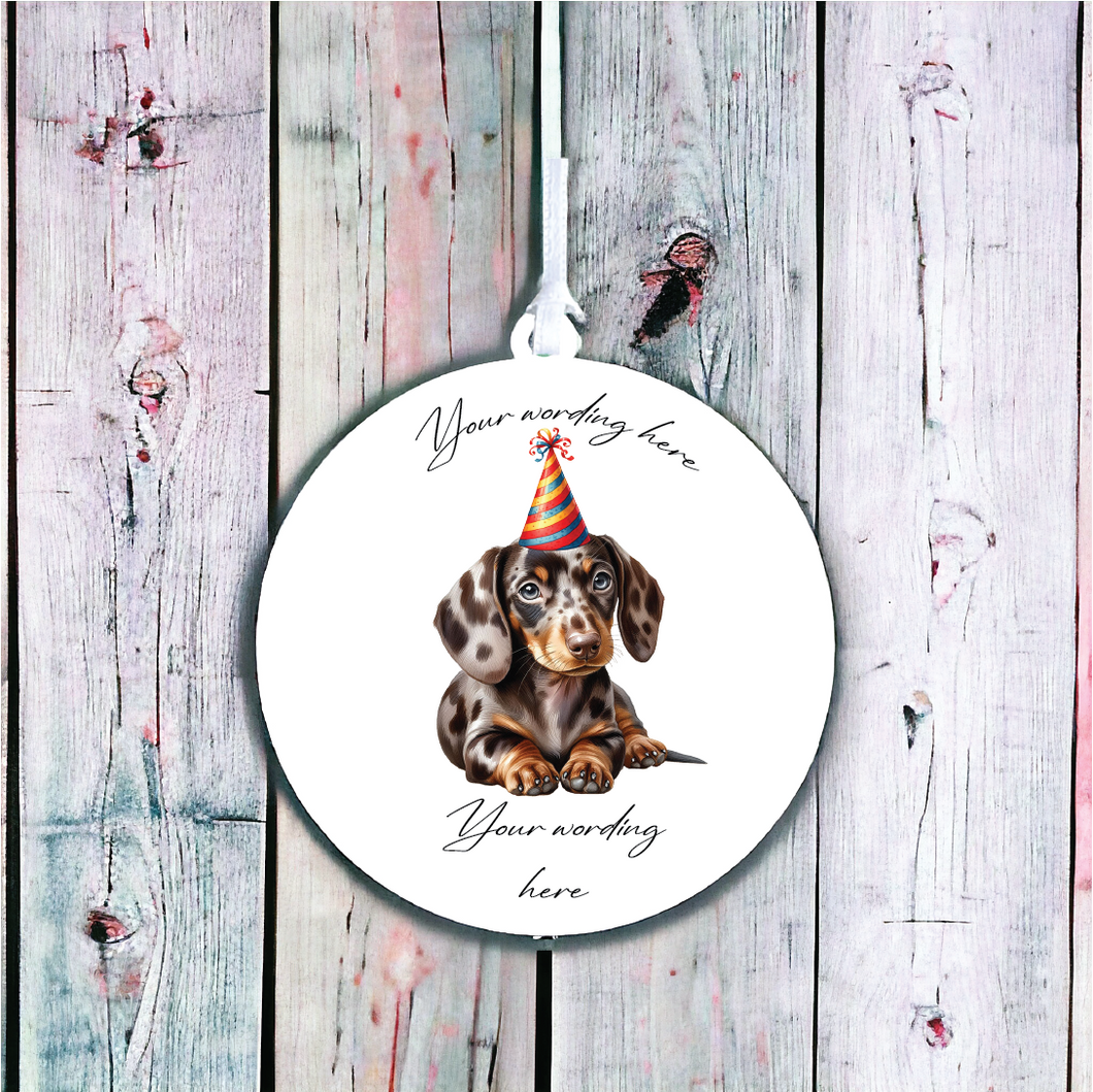 UV709 - Acrylic and UVDTF Personalised Round Hanging - Dog Party Hat - 23 Dappled Chocolate Dachsund - Olifantjie - Wooden - MDF - Lasercut - Blank - Craft - Kit - Mixed Media - UK