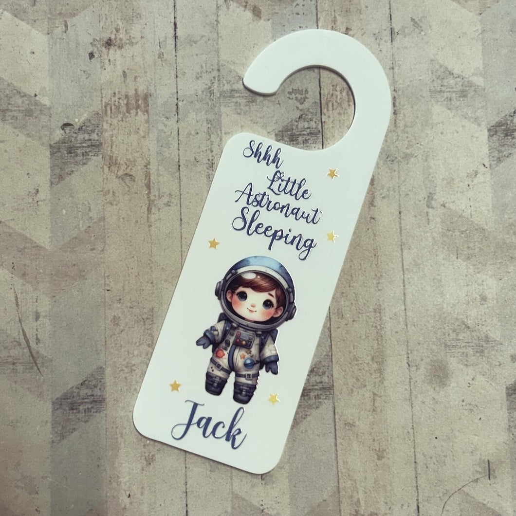 UV229 - UVDTF Door Hanger Personalised decal with optional Acrylic Door Hanger - Shhh Little Astronaut Sleeping - Olifantjie - Wooden - MDF - Lasercut - Blank - Craft - Kit - Mixed Media - UK