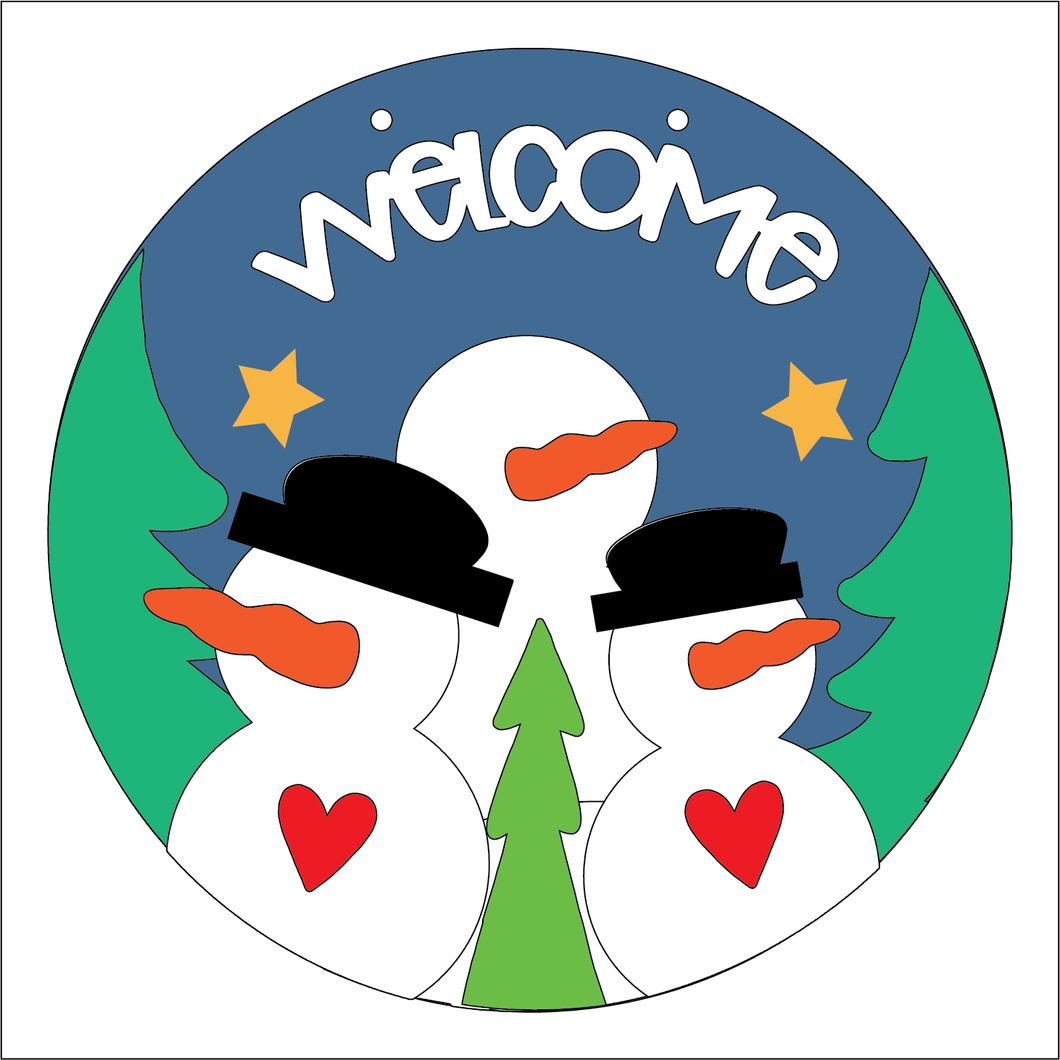 NO258 - MDF 2 Sizes Large Round Snowman Forest Welcome Trio Hanging Sign - Olifantjie - Wooden - MDF - Lasercut - Blank - Craft - Kit - Mixed Media - UK