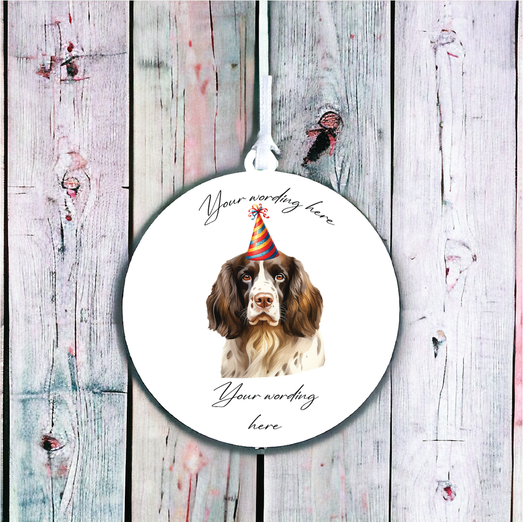 UV715 - Acrylic and UVDTF Personalised Round Hanging - Dog Party Hat - 29 English Spaniel - Olifantjie - Wooden - MDF - Lasercut - Blank - Craft - Kit - Mixed Media - UK