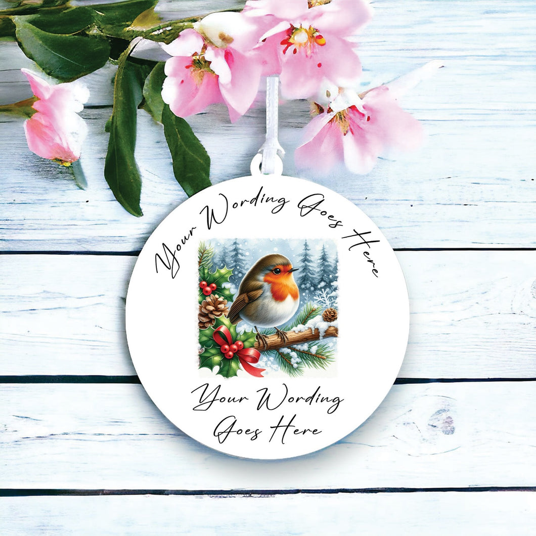 UV855 - Acrylic and UVDTF Personalised Round Hanging - Robin Scene 13 branch - Olifantjie - Wooden - MDF - Lasercut - Blank - Craft - Kit - Mixed Media - UK