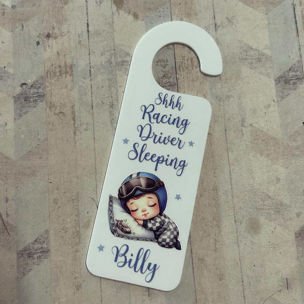 UV232 - UVDTF Door Hanger Personalised decal with optional Acrylic Door Hanger - Shhh Racing Driver Sleeping boy - Olifantjie - Wooden - MDF - Lasercut - Blank - Craft - Kit - Mixed Media - UK
