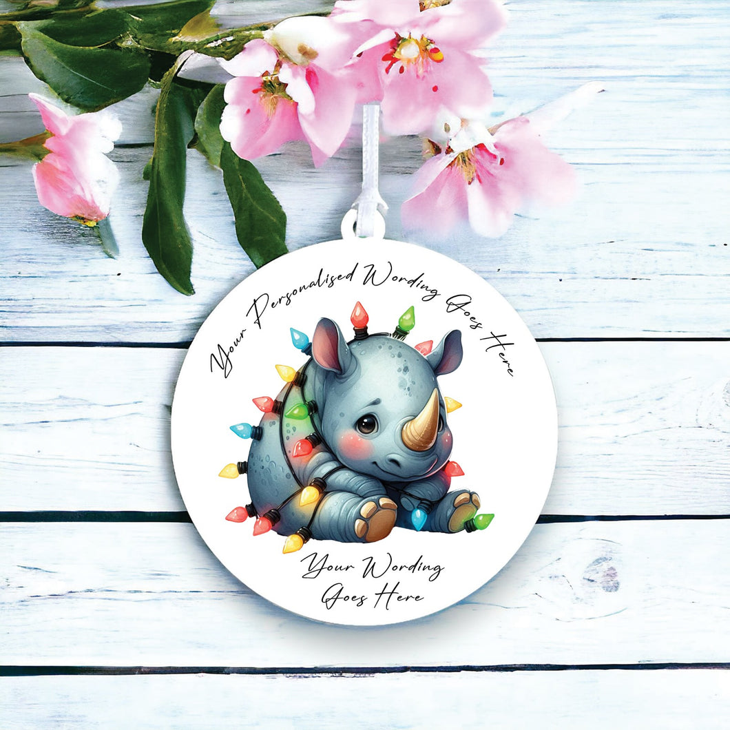 UV959 - Acrylic and UVDTF Personalised Round Hanging - Christmas Animal Tangled Lights - Rhino 1 - Olifantjie - Wooden - MDF - Lasercut - Blank - Craft - Kit - Mixed Media - UK