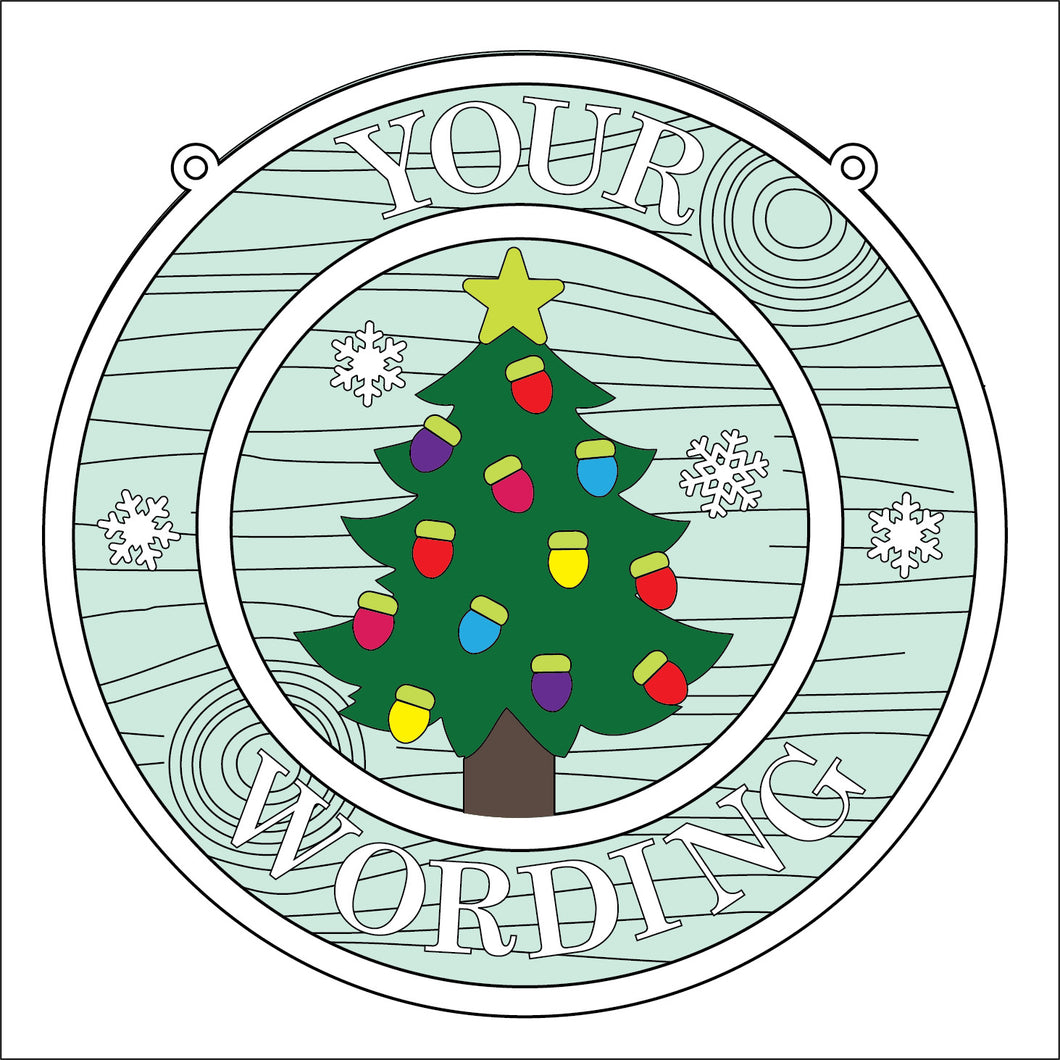 OL5348 - MDF Round Christmas Farmhouse Framed Circle Plaque - Your wording - Christmas Tree - Olifantjie - Wooden - MDF - Lasercut - Blank - Craft - Kit - Mixed Media - UK