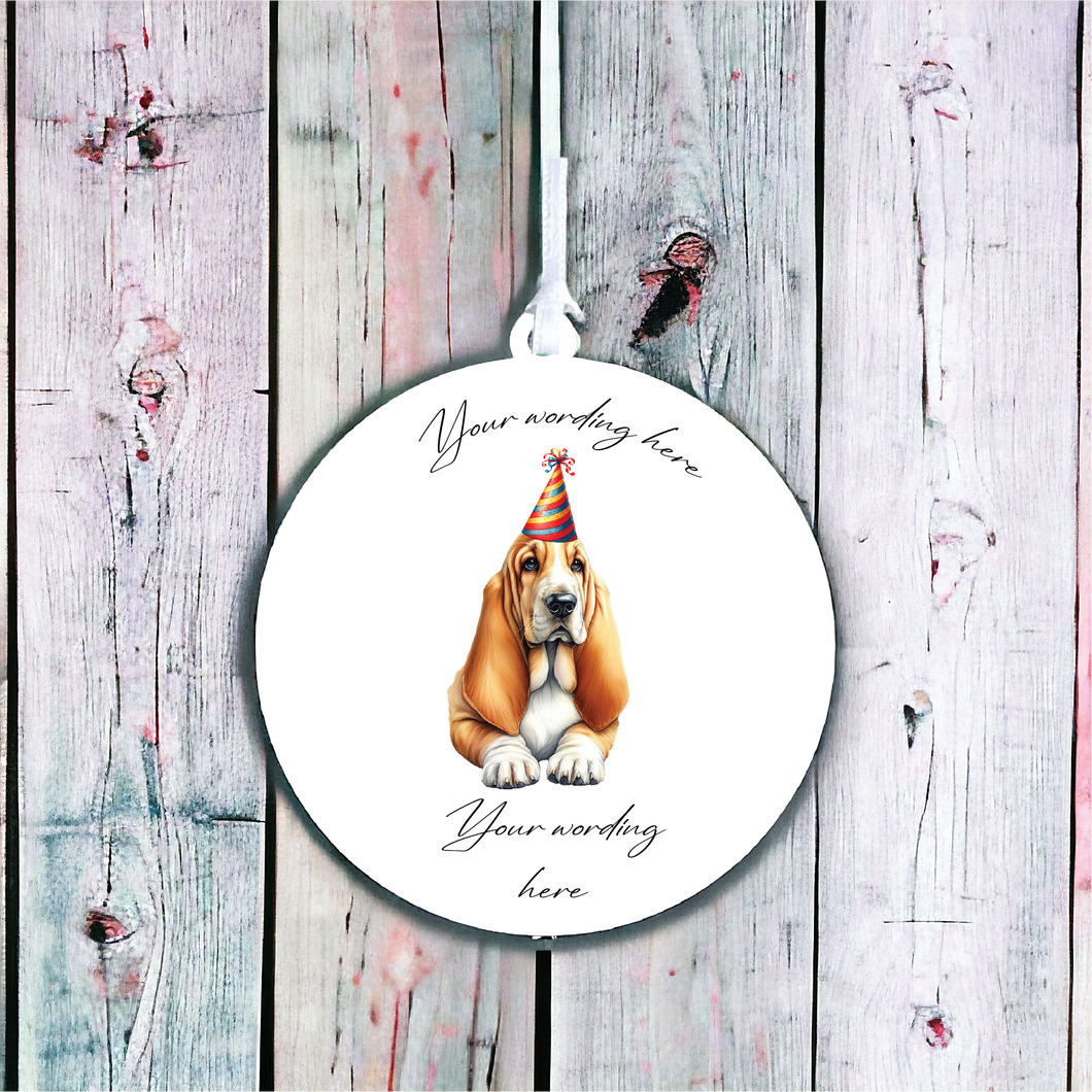 UV689 - Acrylic and UVDTF Personalised Round Hanging - Dog Party Hat -2 Basset - Olifantjie - Wooden - MDF - Lasercut - Blank - Craft - Kit - Mixed Media - UK
