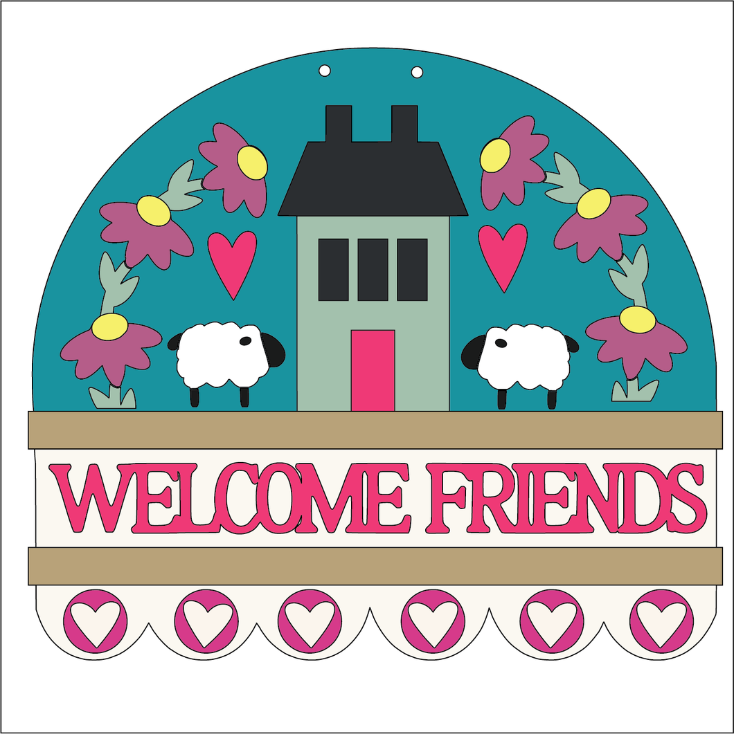 NO756 - MDF Large Welcome Friends House Sheep Flower Hanging Plaque - Olifantjie - Wooden - MDF - Lasercut - Blank - Craft - Kit - Mixed Media - UK