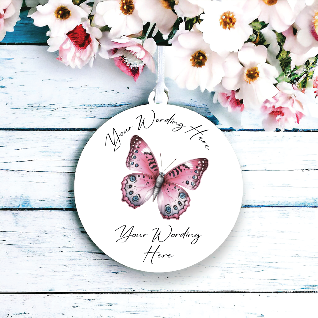 UV776 - Acrylic and UVDTF Personalised Round Hanging - Butterfly - Pink 1 - Olifantjie - Wooden - MDF - Lasercut - Blank - Craft - Kit - Mixed Media - UK