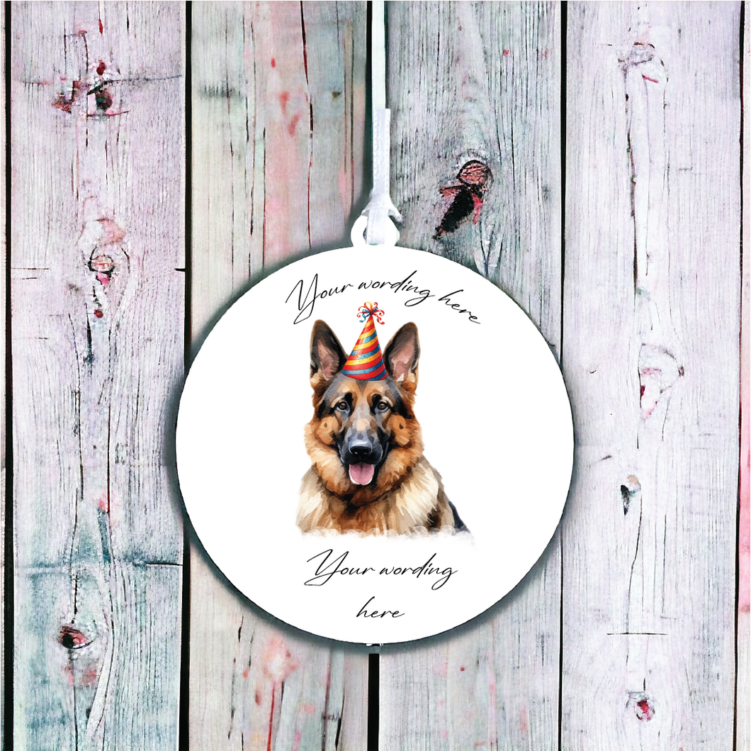 UV717 - Acrylic and UVDTF Personalised Round Hanging - Dog Party Hat - 31 German Shepherd - Olifantjie - Wooden - MDF - Lasercut - Blank - Craft - Kit - Mixed Media - UK