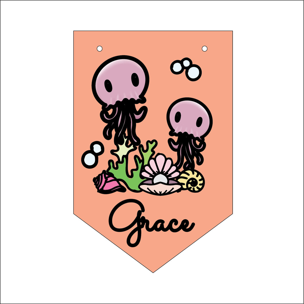 FG048 - MDF Themed Personalised Pennant Flag - MDF Doodle Cute Sea - Jellyfish - Olifantjie - Wooden - MDF - Lasercut - Blank - Craft - Kit - Mixed Media - UK