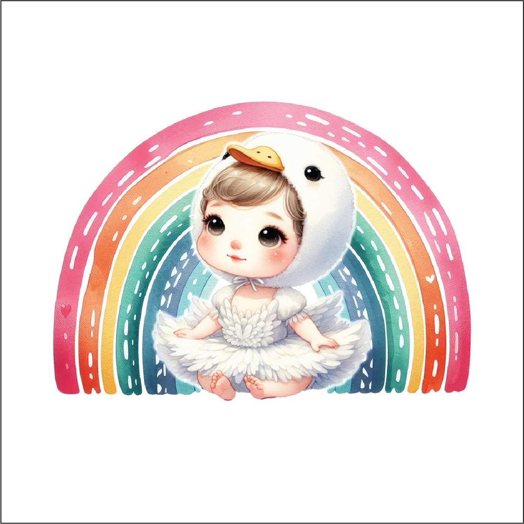 UV075 - UVDTF - Decal only Dress up child swan rainbow - Olifantjie - Wooden - MDF - Lasercut - Blank - Craft - Kit - Mixed Media - UK