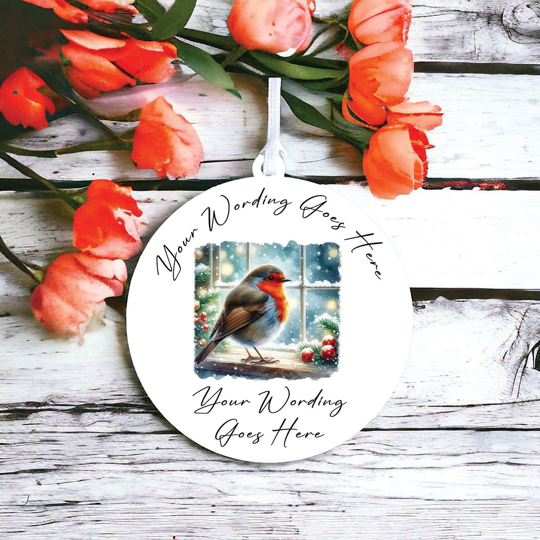 UV845 - Acrylic and UVDTF Personalised Round Hanging - Robin Scene 3 Window - Olifantjie - Wooden - MDF - Lasercut - Blank - Craft - Kit - Mixed Media - UK