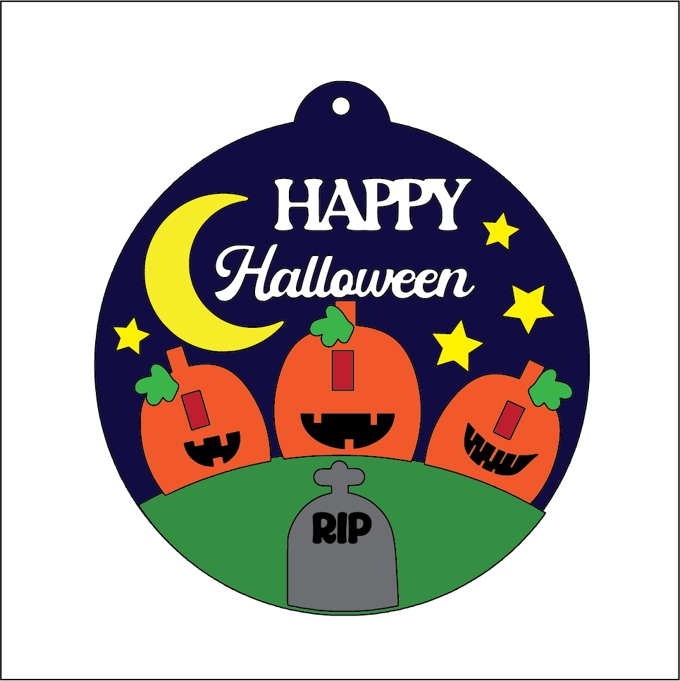NO214 - MDF 2 Sizes Round Halloween Autumn Hanging Bauble - Happy Halloween Pumpkin Graveyard Night - Olifantjie - Wooden - MDF - Lasercut - Blank - Craft - Kit - Mixed Media - UK