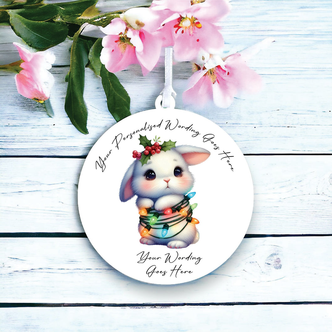 UV953 - Acrylic and UVDTF Personalised Round Hanging - Christmas Animal Tangled Lights - Bunny Rabbit 3 - Olifantjie - Wooden - MDF - Lasercut - Blank - Craft - Kit - Mixed Media - UK