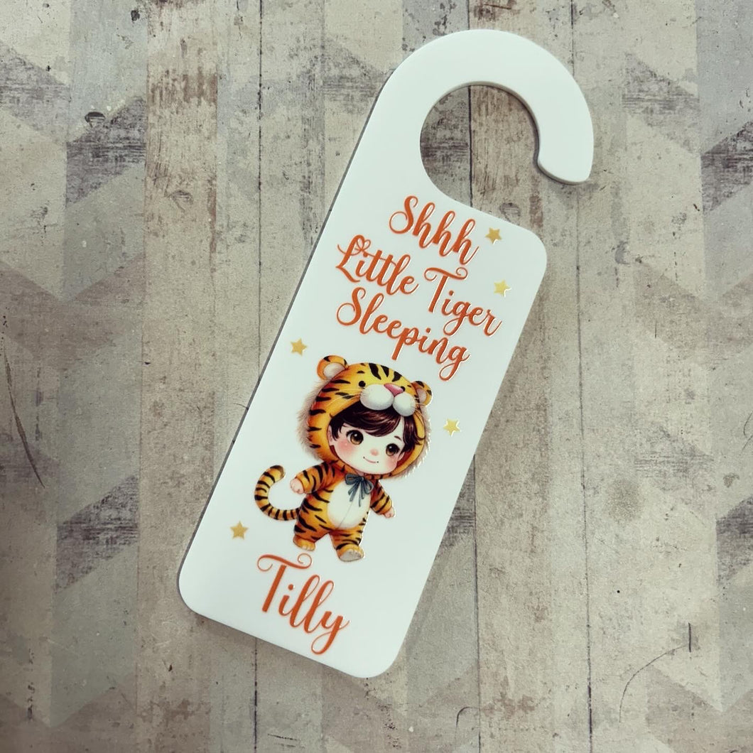 UV237 - UVDTF Door Hanger Personalised decal with optional Acrylic Door Hanger - Shhh Little Tiger Sleeping - Olifantjie - Wooden - MDF - Lasercut - Blank - Craft - Kit - Mixed Media - UK