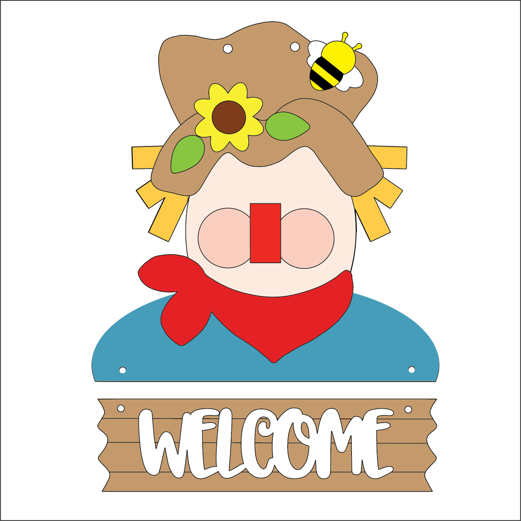 NO177 - MDF Autumn Halloween Welcome Scarecrow Hanging Sign Large - Olifantjie - Wooden - MDF - Lasercut - Blank - Craft - Kit - Mixed Media - UK