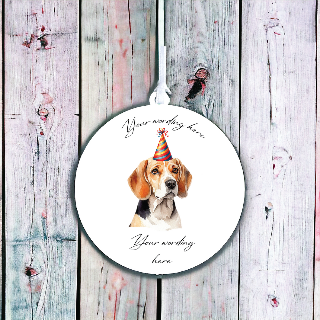 UV690 - Acrylic and UVDTF Personalised Round Hanging - Dog Party Hat - 3 Beagle - Olifantjie - Wooden - MDF - Lasercut - Blank - Craft - Kit - Mixed Media - UK