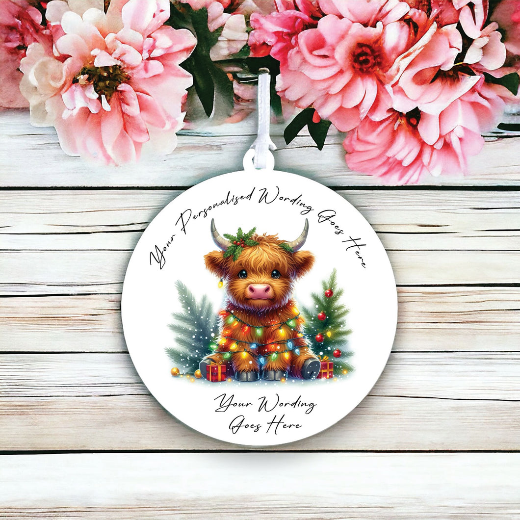 UV932 - Acrylic and UVDTF Personalised Round Hanging - Christmas Animal Tangled Lights - Highland Cow 4 - Olifantjie - Wooden - MDF - Lasercut - Blank - Craft - Kit - Mixed Media - UK