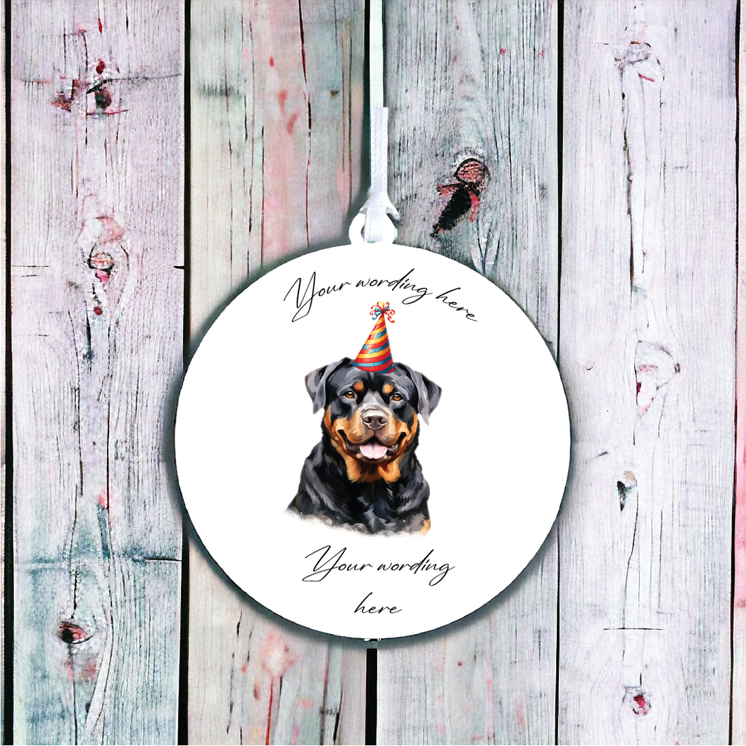 UV730 - Acrylic and UVDTF Personalised Round Hanging - Dog Party Hat - 44 Rottweiler - Olifantjie - Wooden - MDF - Lasercut - Blank - Craft - Kit - Mixed Media - UK