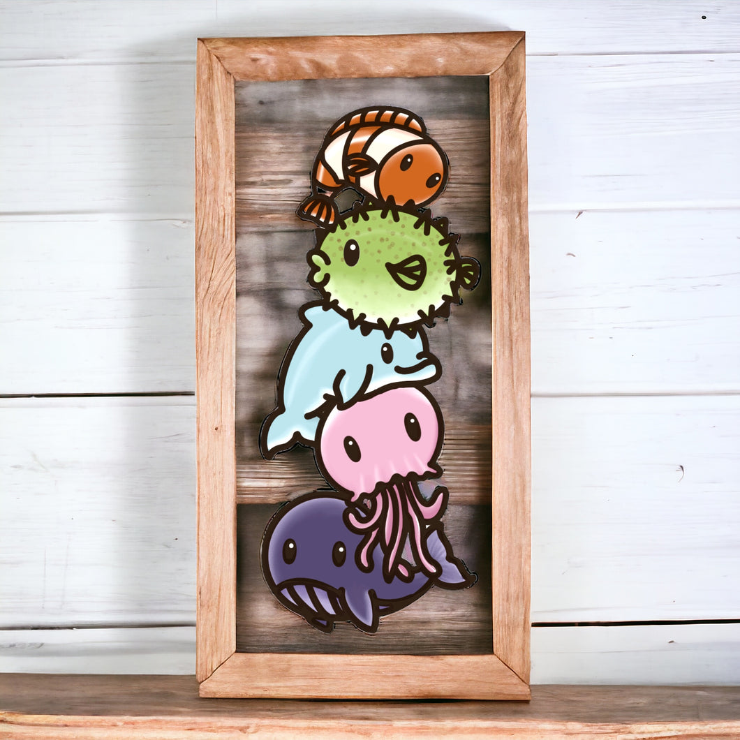 OL4602 - MDF doodle verticle stacked cute animals - Sea-life 1 - Olifantjie - Wooden - MDF - Lasercut - Blank - Craft - Kit - Mixed Media - UK