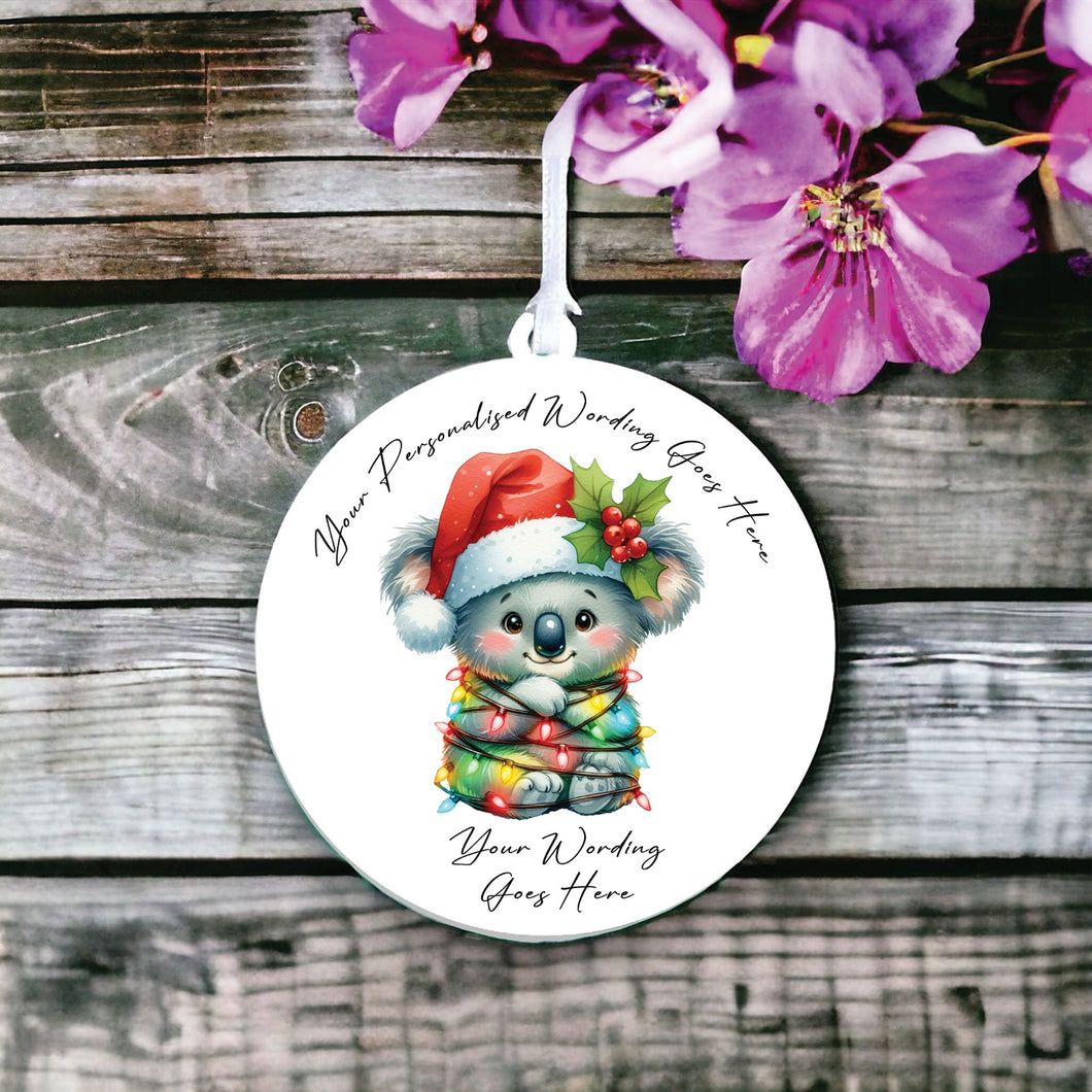 UV936 - Acrylic and UVDTF Personalised Round Hanging - Christmas Animal Tangled Lights - Koala 1 - Olifantjie - Wooden - MDF - Lasercut - Blank - Craft - Kit - Mixed Media - UK