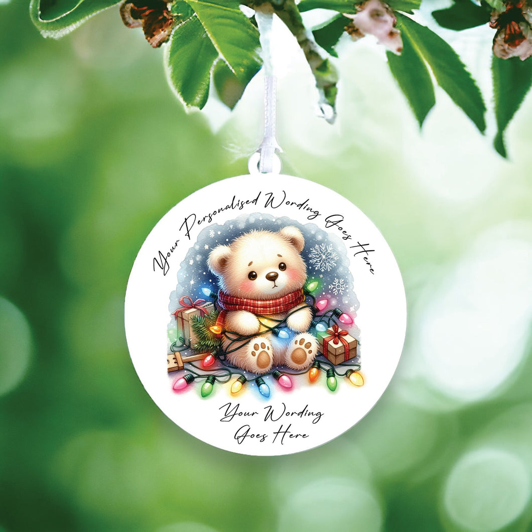 UV900 - Acrylic and UVDTF Personalised Round Hanging - Christmas Animal Tangled Lights - Teddy Bear 1 - Olifantjie - Wooden - MDF - Lasercut - Blank - Craft - Kit - Mixed Media - UK