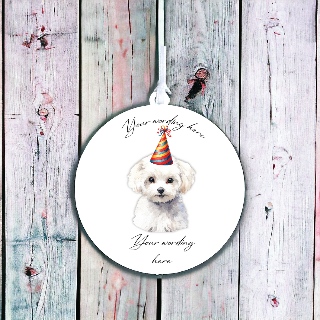 UV691 - Acrylic and UVDTF Personalised Round Hanging - Dog Party Hat - 4 Bichon Frise - Olifantjie - Wooden - MDF - Lasercut - Blank - Craft - Kit - Mixed Media - UK