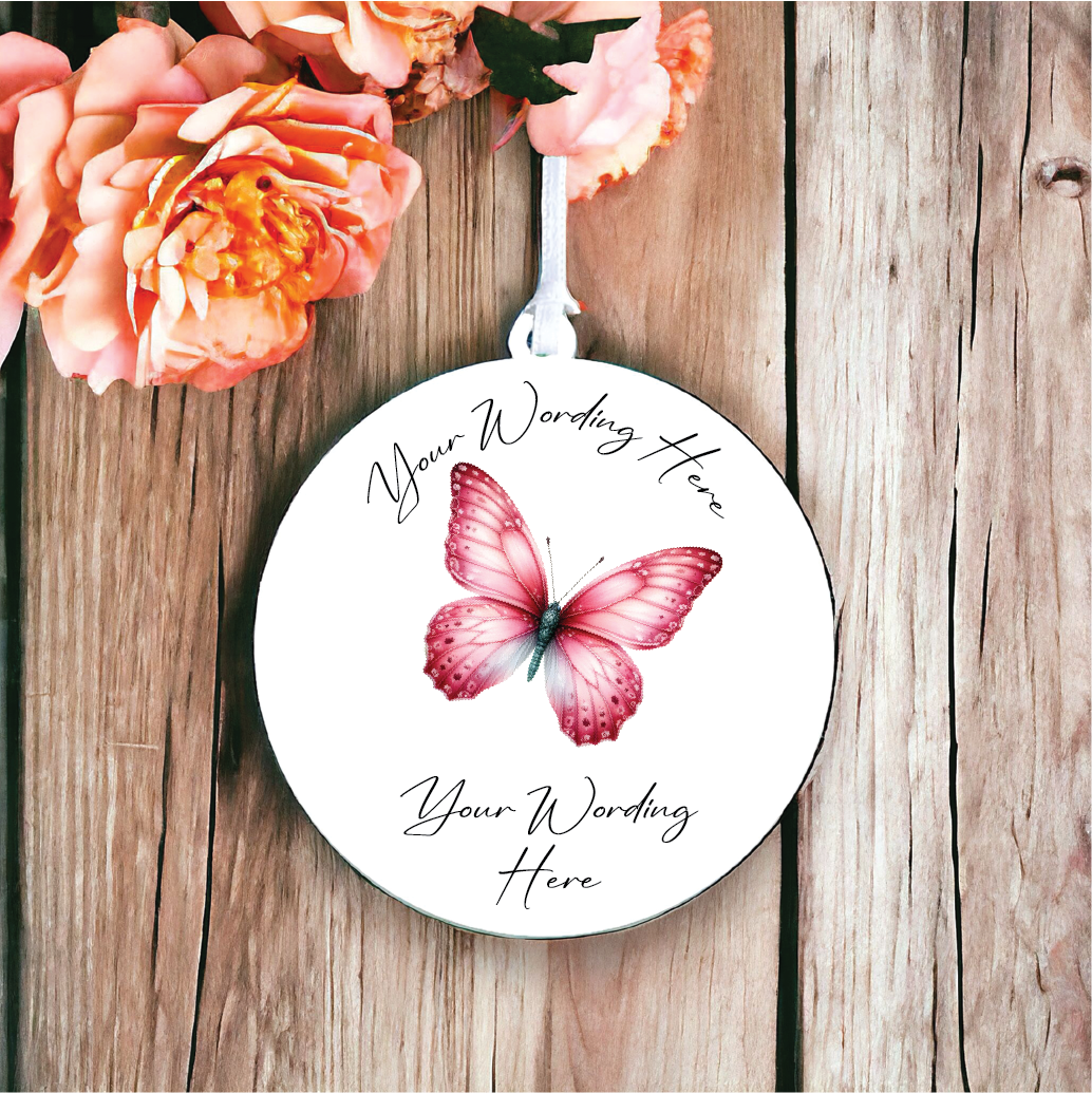 UV778 - Acrylic and UVDTF Personalised Round Hanging - Butterfly - Pink 2 - Olifantjie - Wooden - MDF - Lasercut - Blank - Craft - Kit - Mixed Media - UK