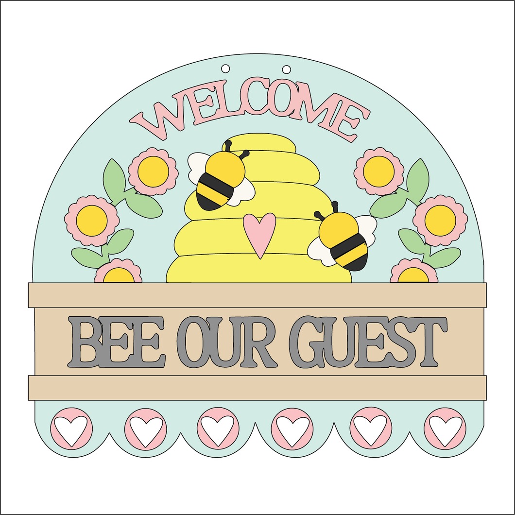 NO748 - MDF Large Bee Our Guest Hanging Plaque - Olifantjie - Wooden - MDF - Lasercut - Blank - Craft - Kit - Mixed Media - UK